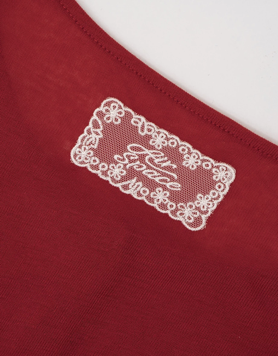 圓領蕾絲LOGO刺繡領標長袖短版排扣開襟針織衫