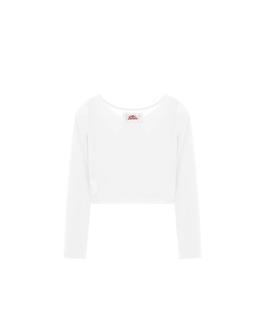 圓領蕾絲LOGO刺繡領標長袖短版排扣開襟針織衫