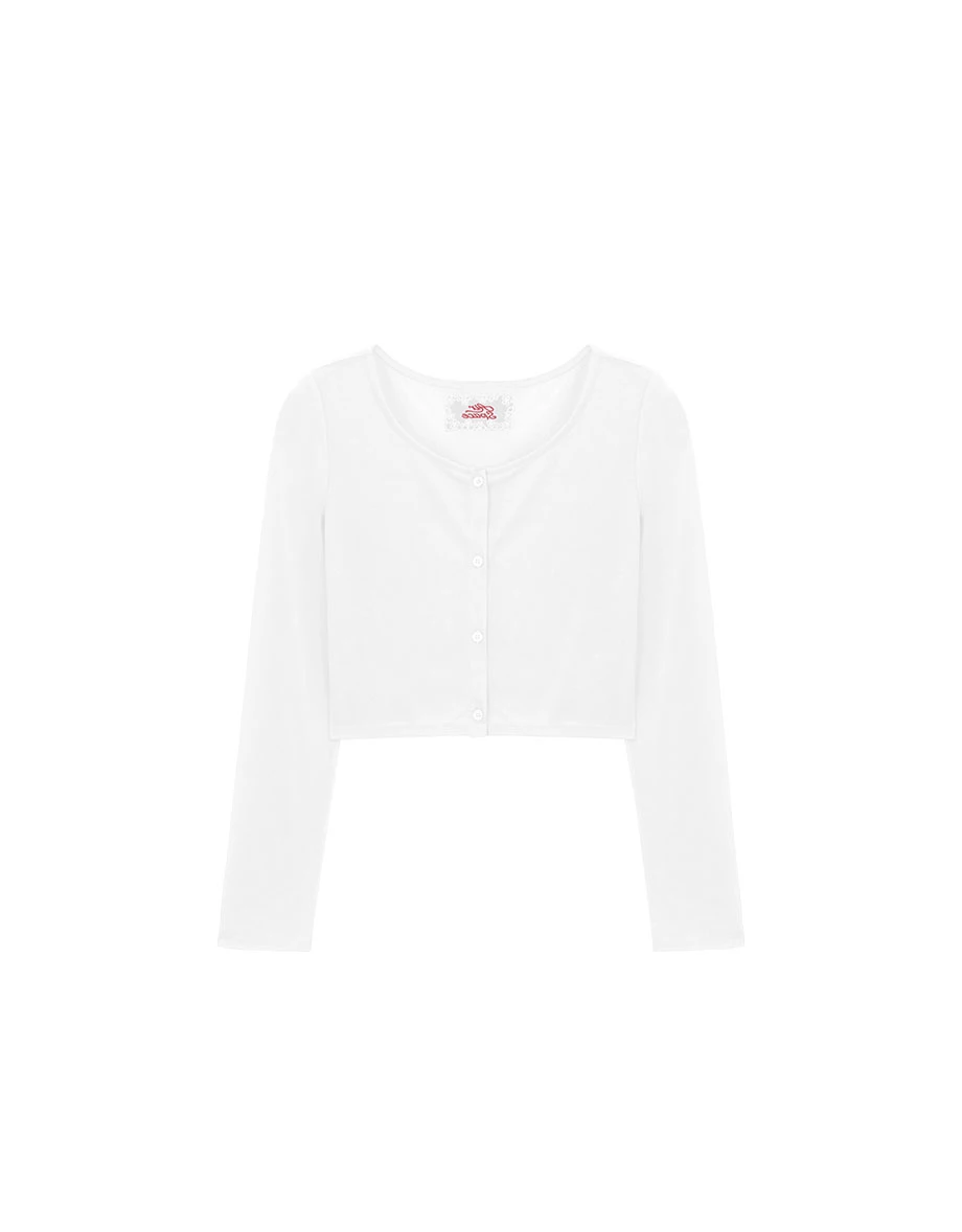 圓領蕾絲LOGO刺繡領標長袖短版排扣開襟針織衫