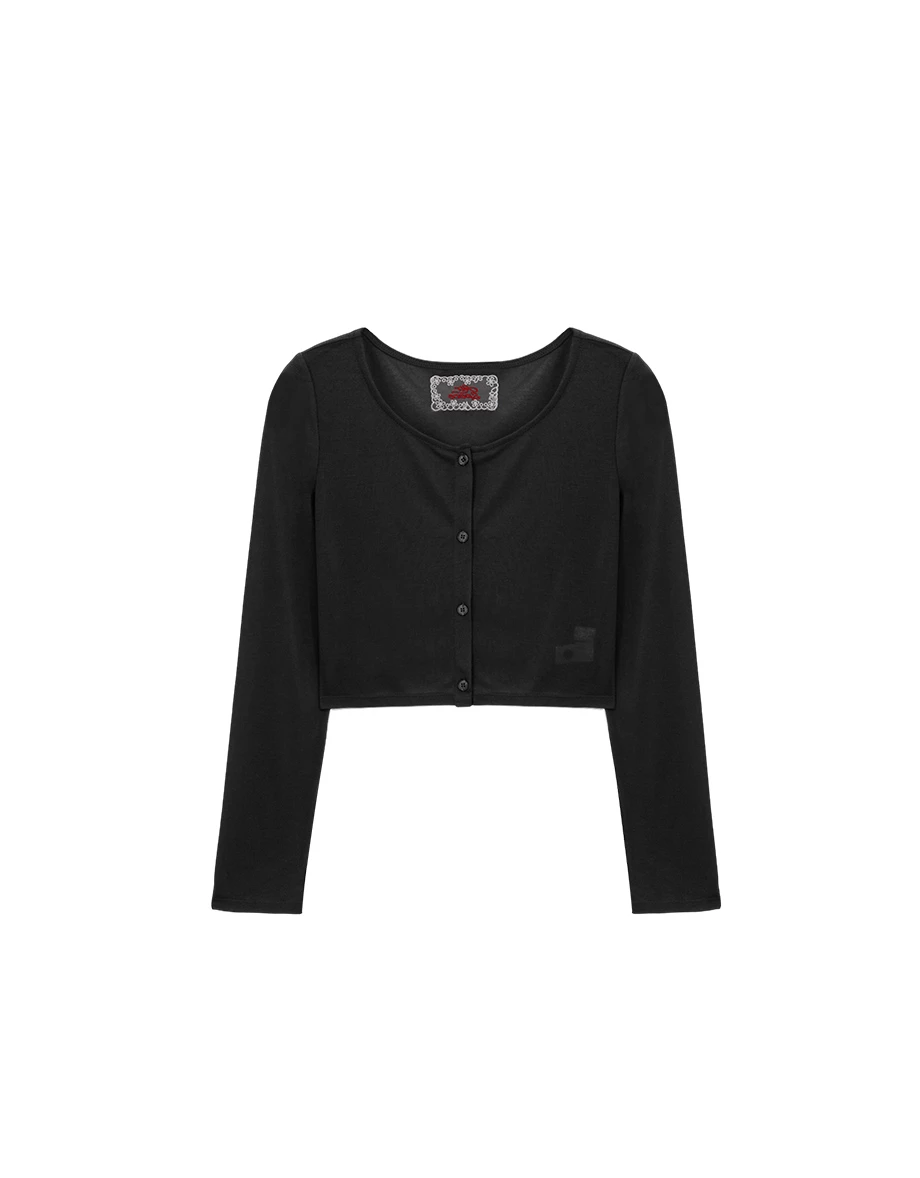 圓領蕾絲LOGO刺繡領標長袖短版排扣開襟針織衫