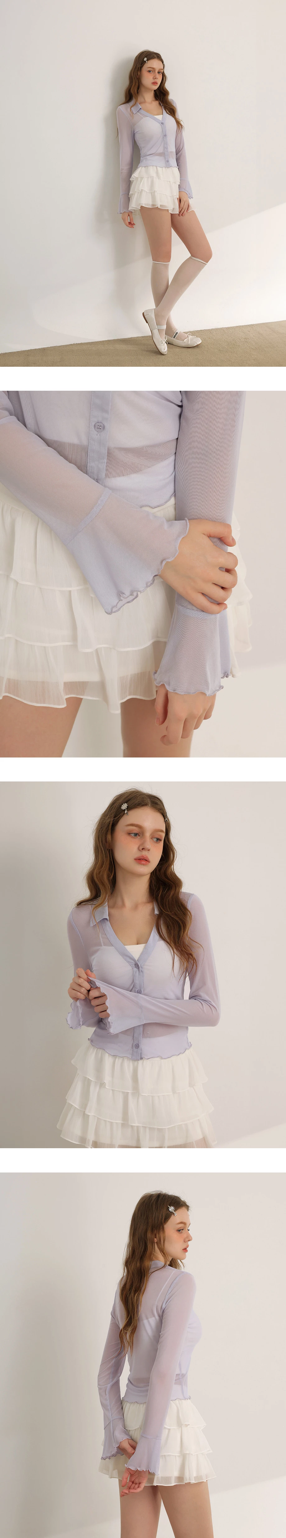 V型翻領排扣木耳邊喇叭袖透膚襯衫