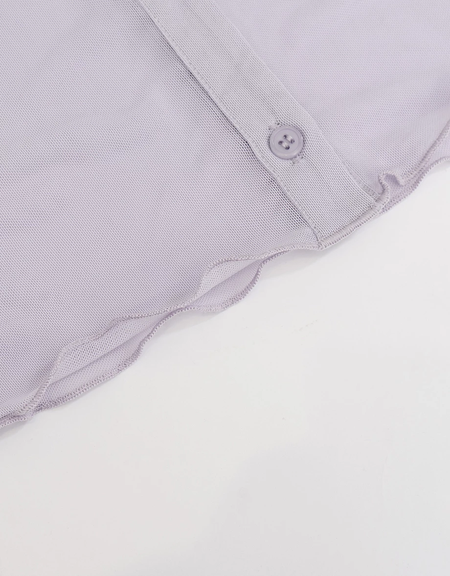 V型翻領排扣木耳邊喇叭袖透膚襯衫