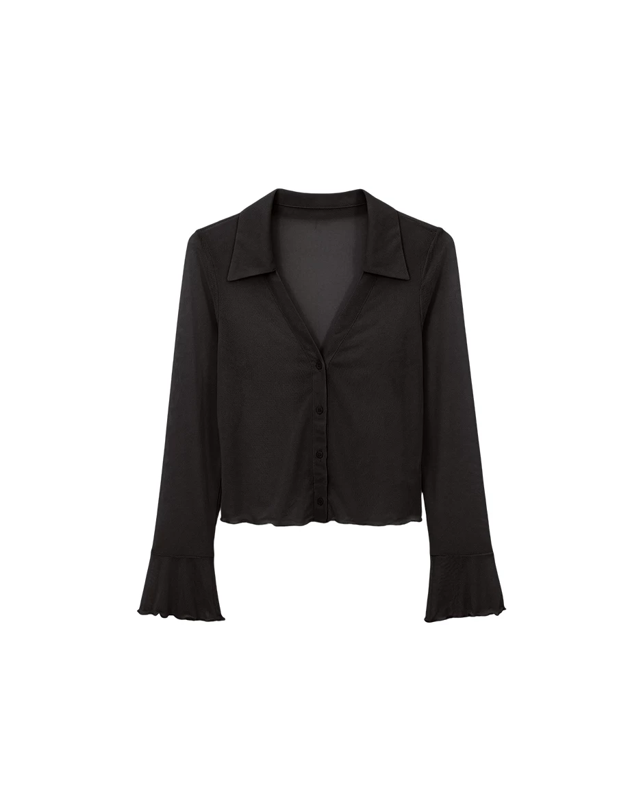 V型翻領排扣木耳邊喇叭袖透膚襯衫