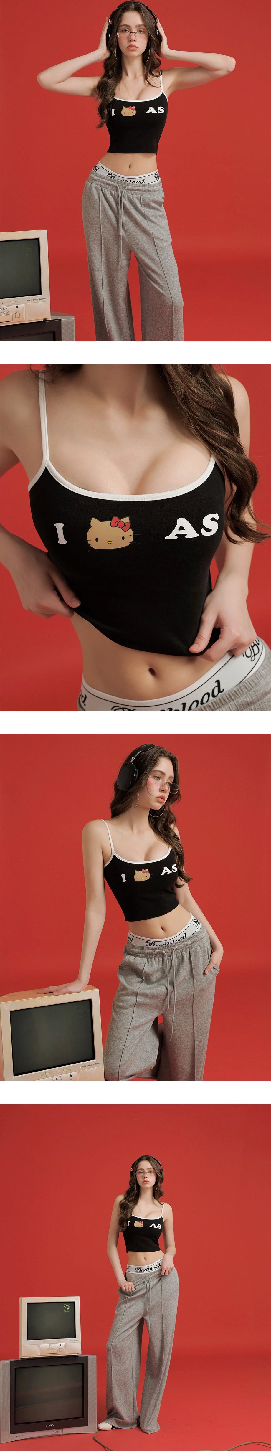 【Hello Kitty Collaboration】Contrast Trim Print Cropped Padded Cami Bra Top 【Hello Kitty Collaboration】Contrast Trim Print Cropped Padded Cami Bra Top