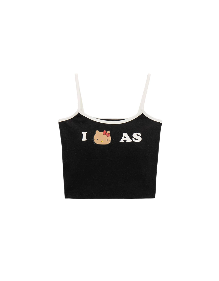 【Hello Kitty Collaboration】Contrast Trim Print Cropped Padded Cami Bra Top