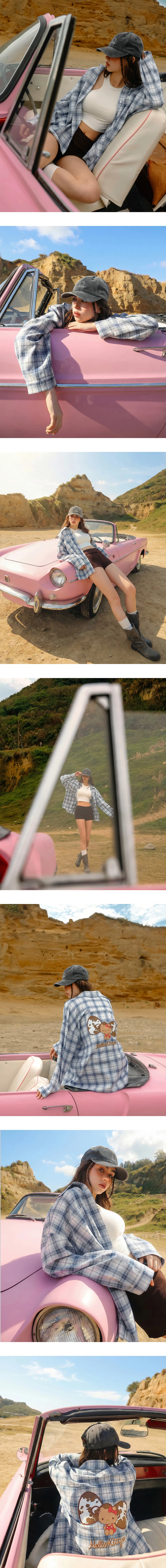 【Hello Kitty Collaboration】Back Embroidery Vintage Plaid Long Sleeve Shirt Blouse