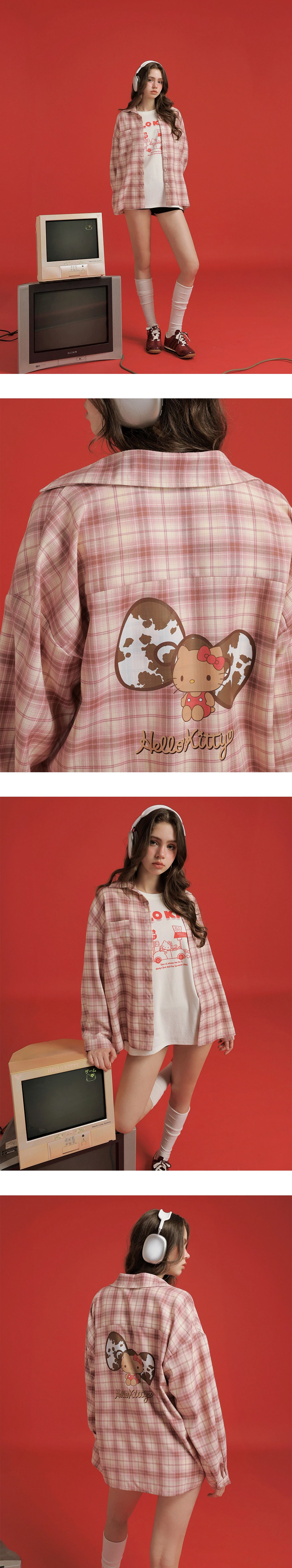 【Hello Kitty Collaboration】Back Embroidery Vintage Plaid Long Sleeve Shirt Blouse