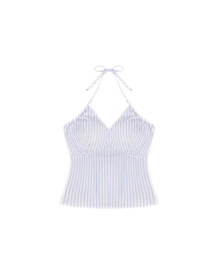 【HEYMAN聯名】V領珍珠裝飾繞頸綁帶條紋傘擺上衣(附胸墊)