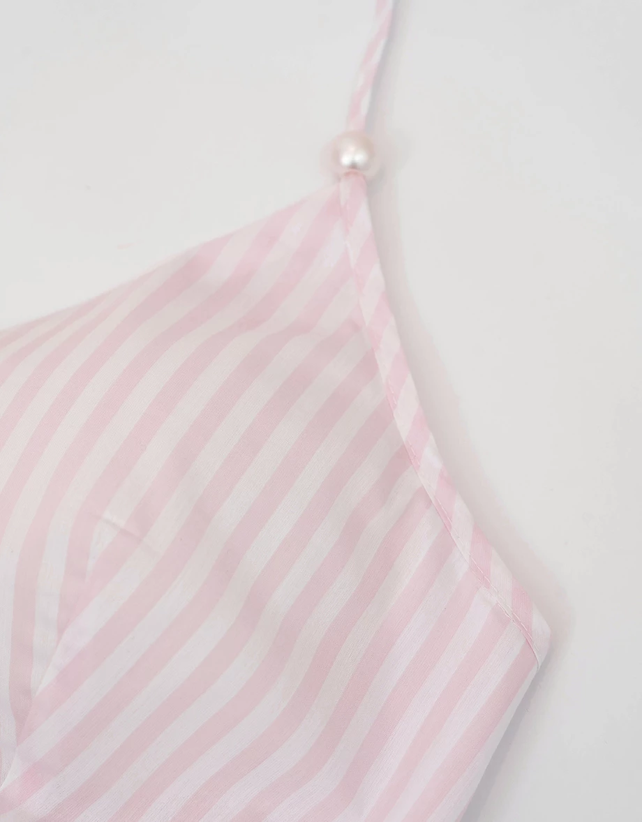 【HEYMAN聯名】V領珍珠裝飾繞頸綁帶條紋傘擺上衣(附胸墊)