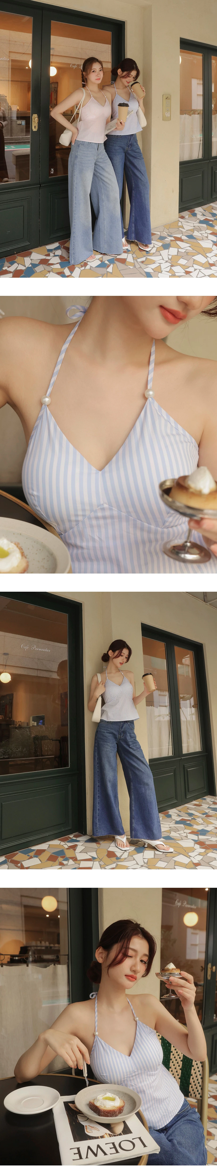 【HEYMAN聯名】V領珍珠裝飾繞頸綁帶條紋傘擺上衣(附胸墊)