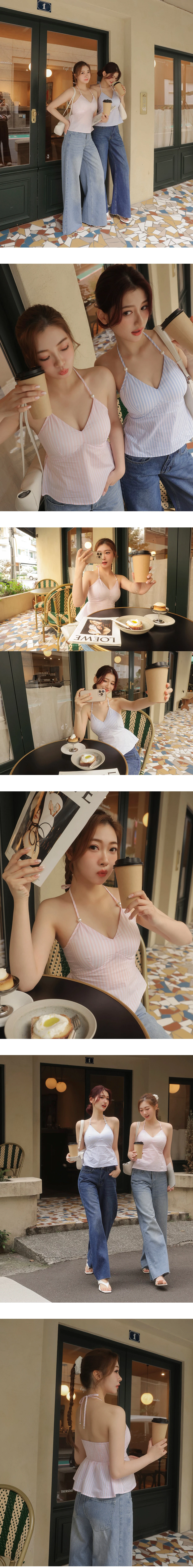 【HEYMAN聯名】V領珍珠裝飾繞頸綁帶條紋傘擺上衣(附胸墊)