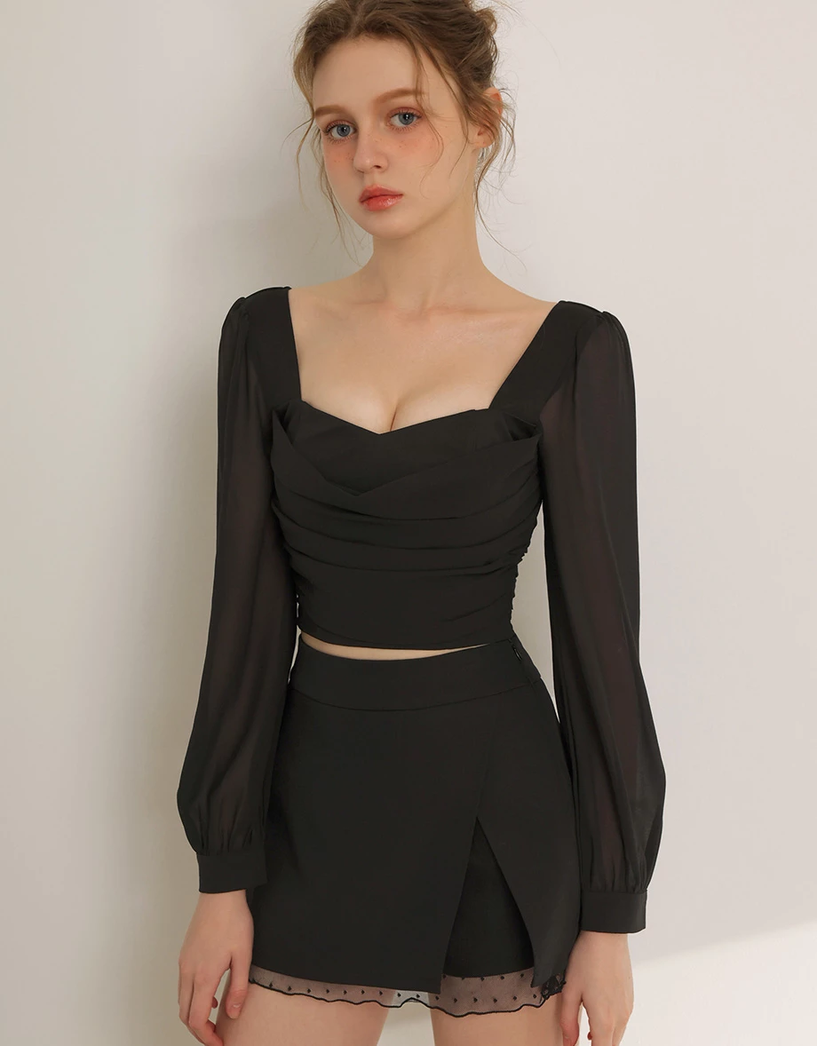 Draped Cowl Bust Sheer Chiffon Lantern Sleeve Crop Top