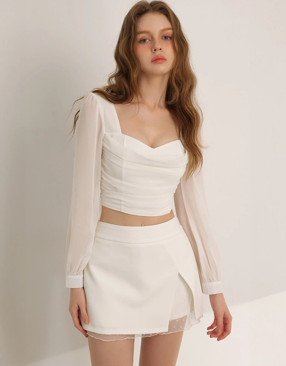 Draped Cowl Bust Sheer Chiffon Lantern Sleeve Crop Top