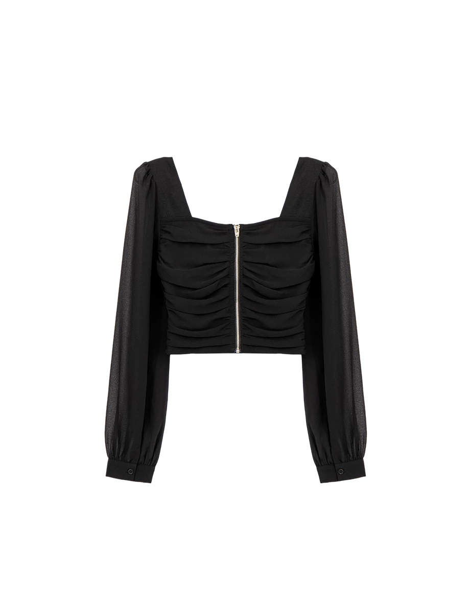 桃心領抓皺公主線剪裁澎袖短版雪紡上衣