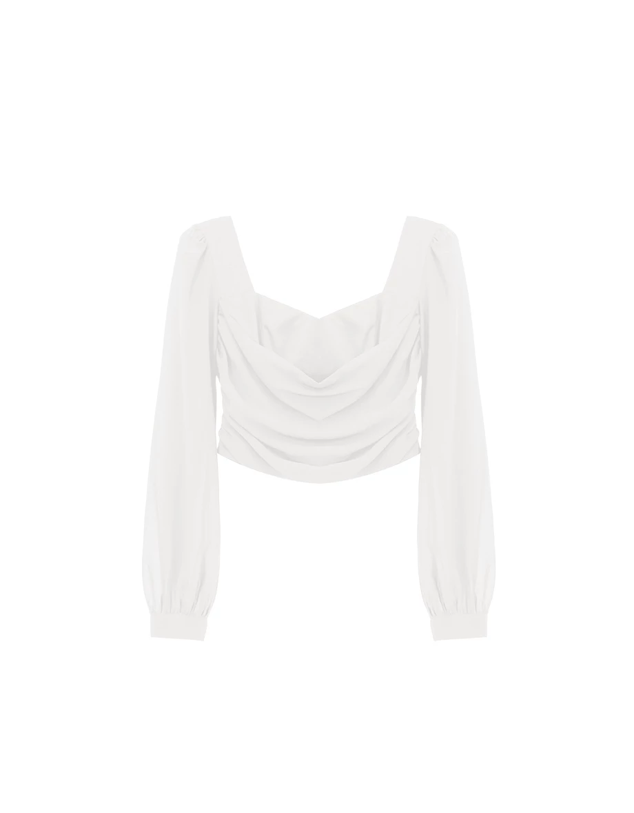 Draped Cowl Bust Sheer Chiffon Lantern Sleeve Crop Top