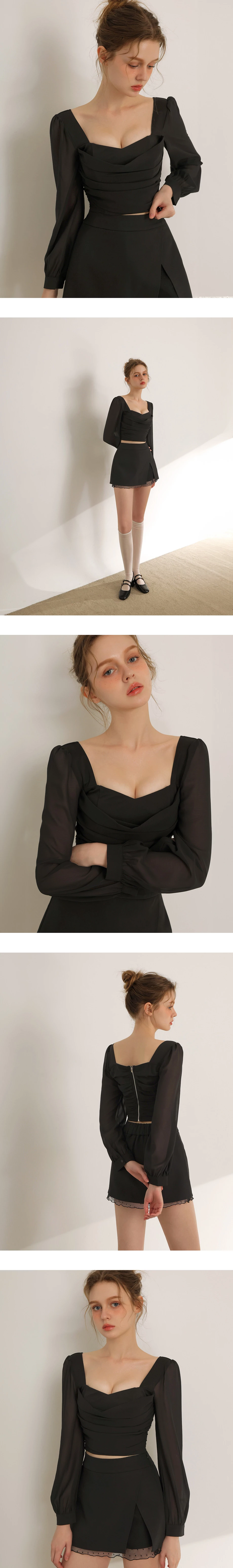 桃心領抓皺公主線剪裁澎袖短版雪紡上衣