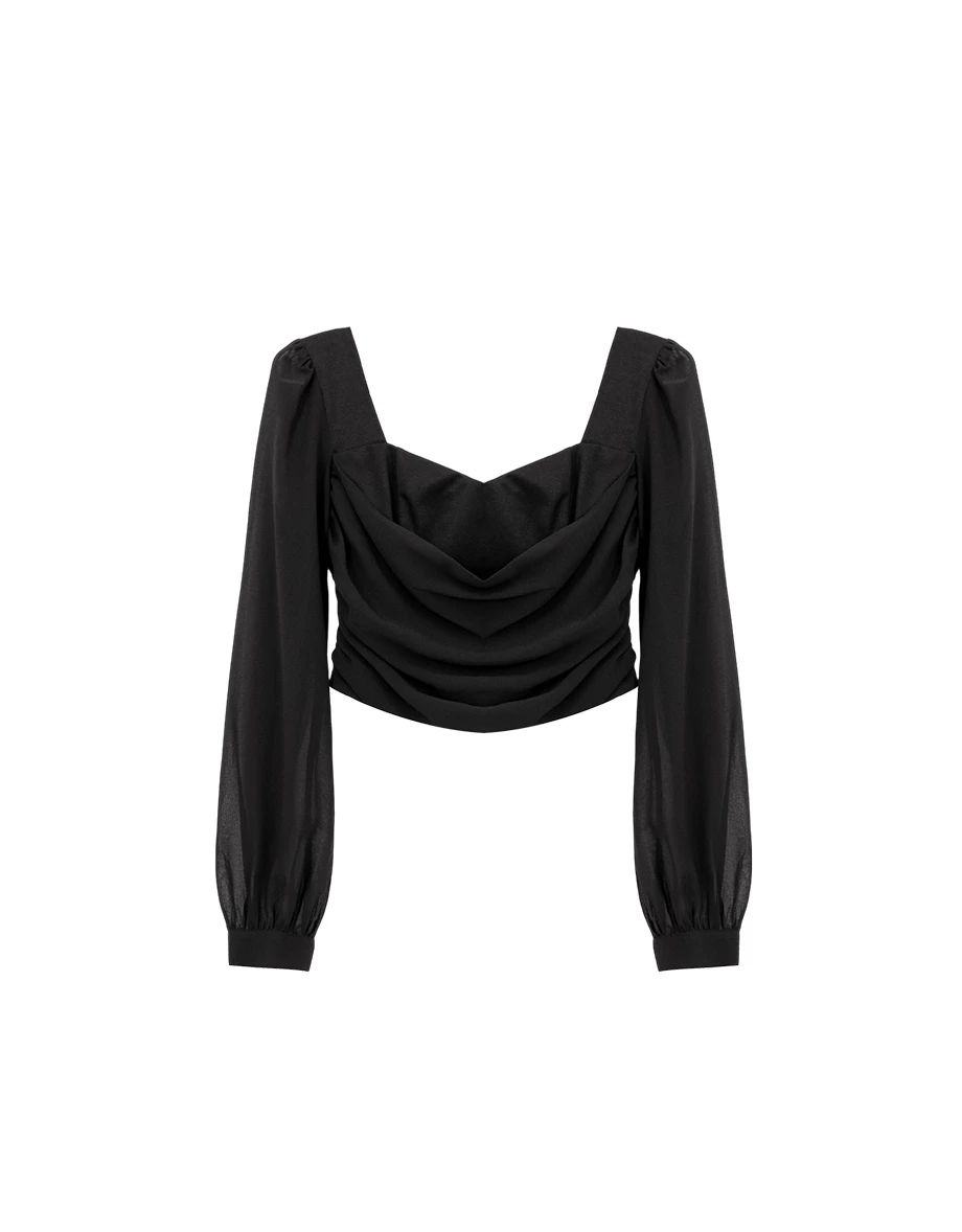 Draped Cowl Bust Sheer Chiffon Lantern Sleeve Crop Top