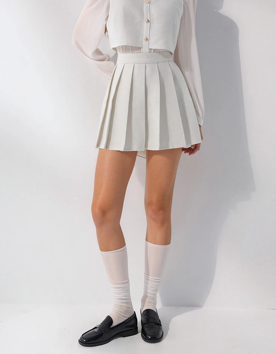 High Waist Pleated Tweed Mini Skirt with Side Zip Closure