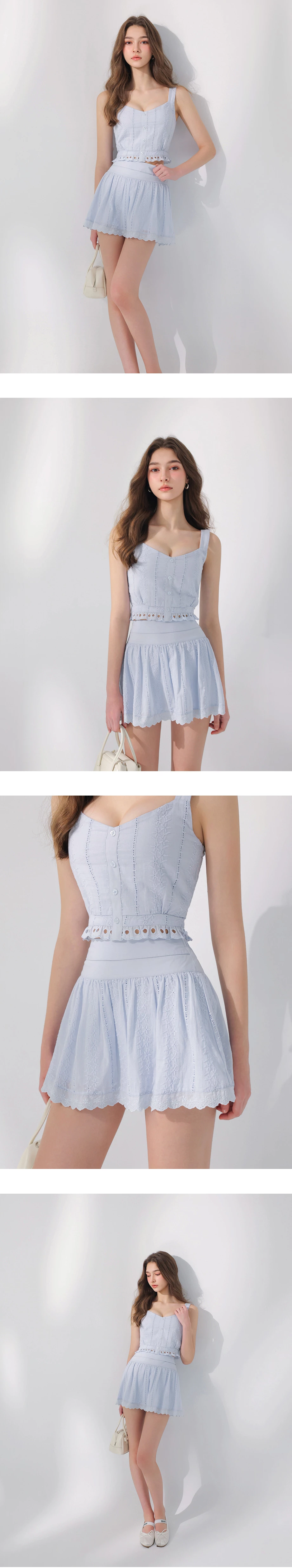 腰頭拼接花邊下擺刺繡蕾絲短裙