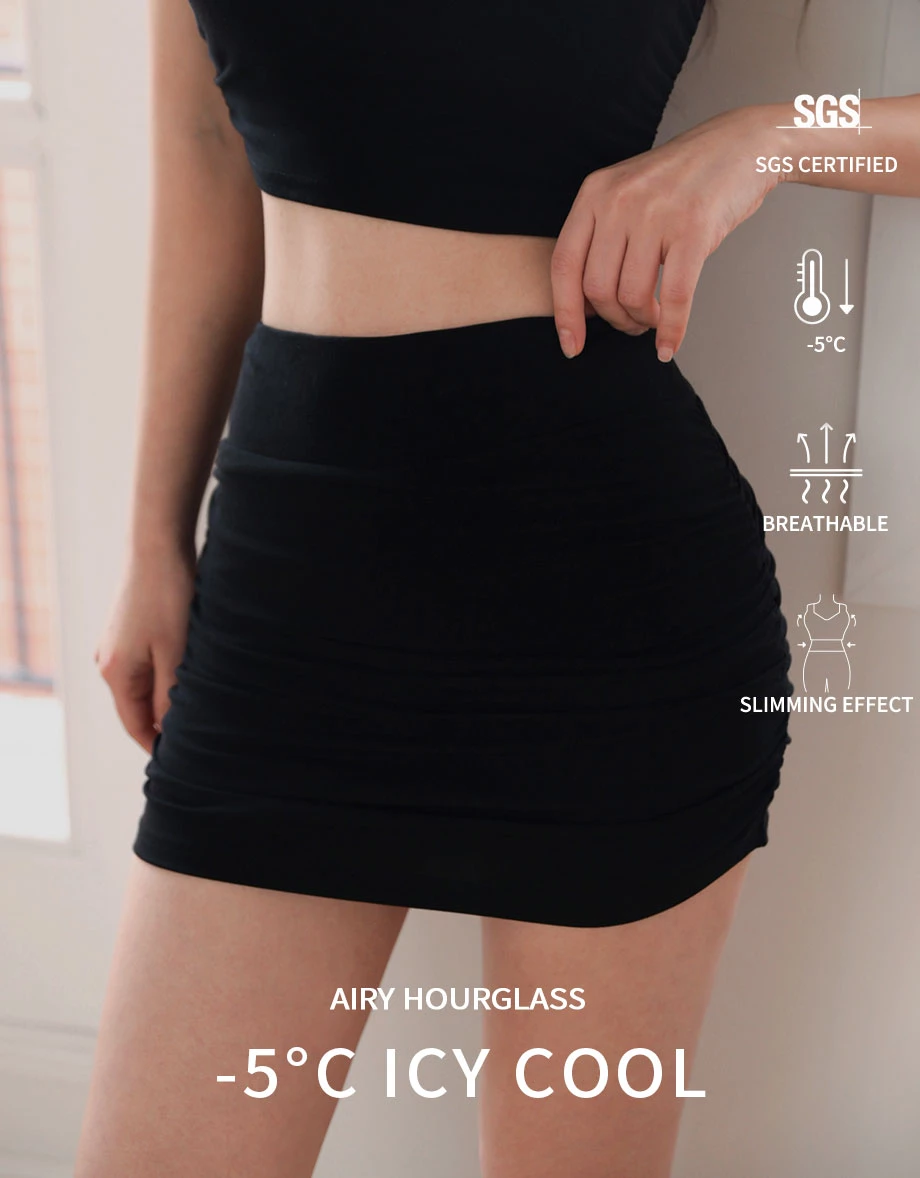 Cooling Fabric High Waist Ribbed Knit Side Ruched Bodycon Mini Skirt