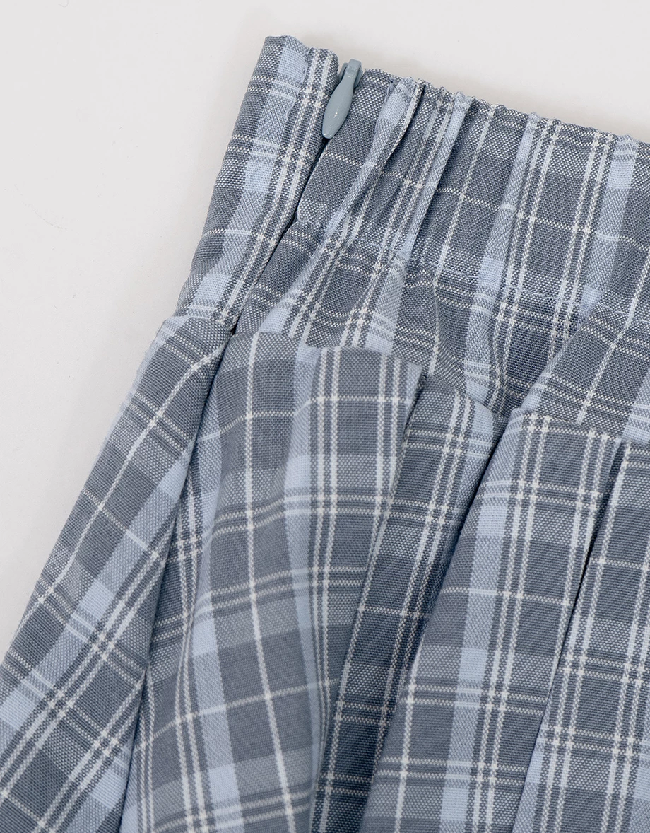 格紋百褶後鬆緊短裙