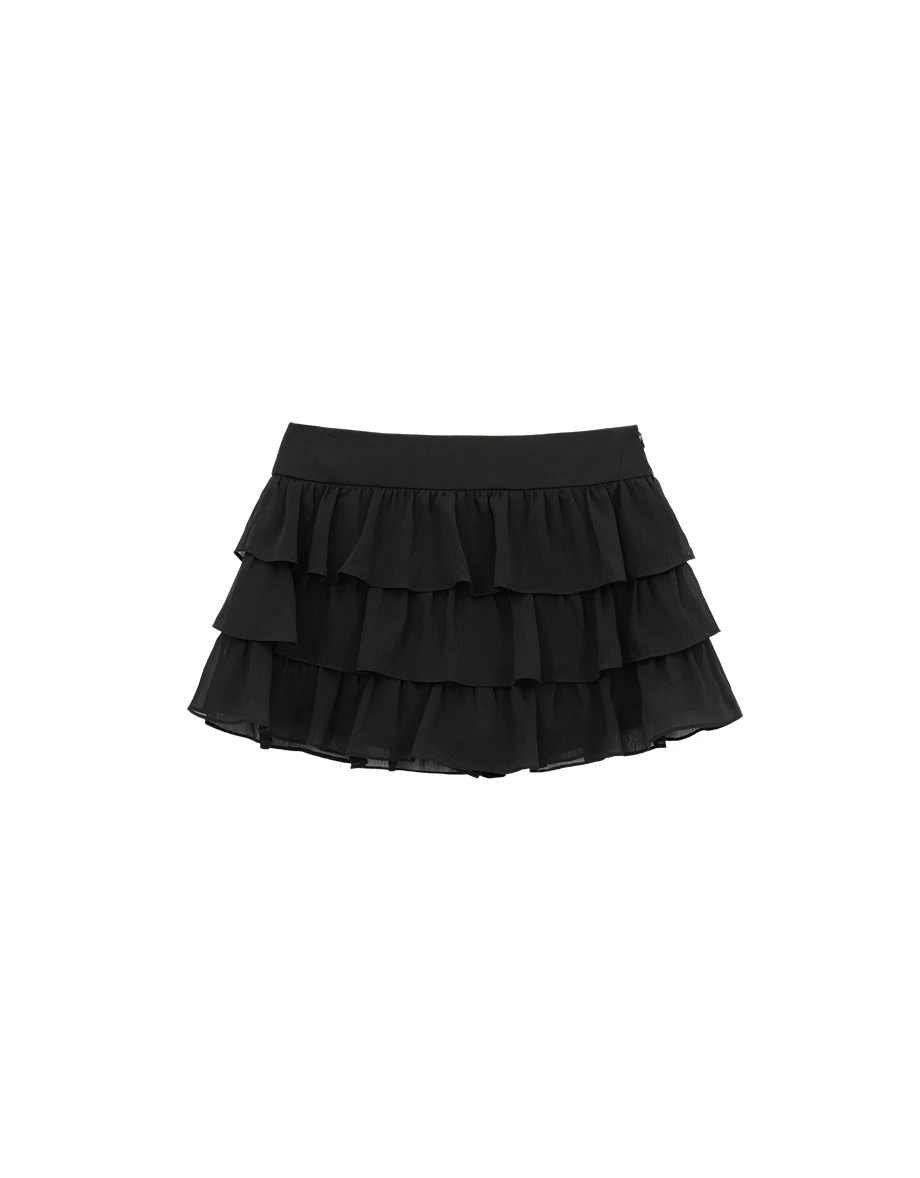 Mid Waist Plain Chiffon Ruffle Hem Mini Skirt