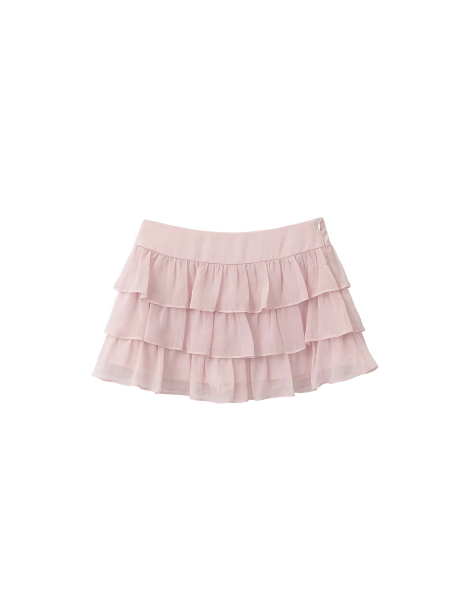 Mid Waist Plain Chiffon Ruffle Hem Mini Skirt