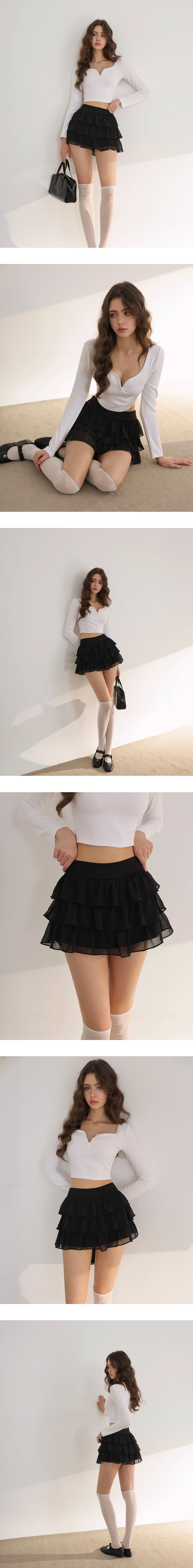 Mid Waist Plain Chiffon Ruffle Hem Mini Skirt