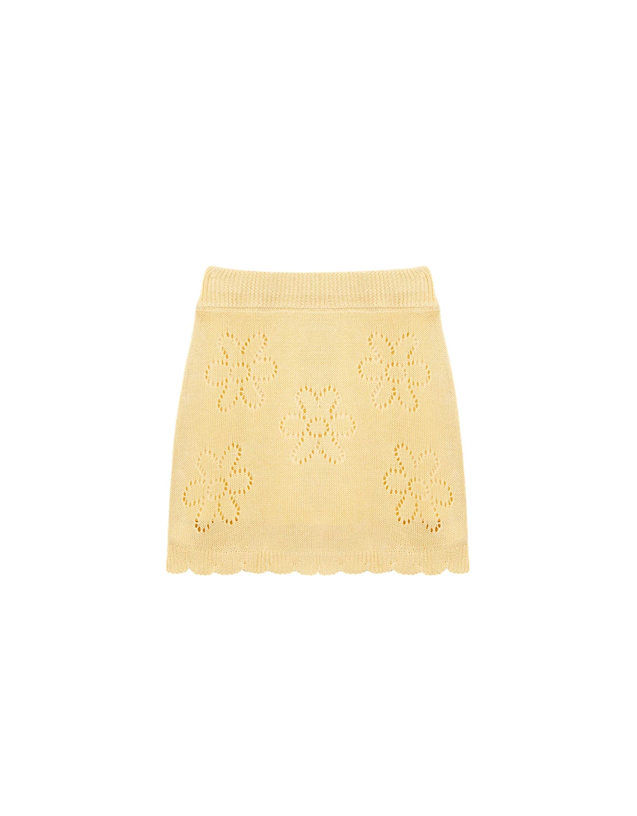 鏤空花樣花邊下擺羅紋鬆緊針織短裙