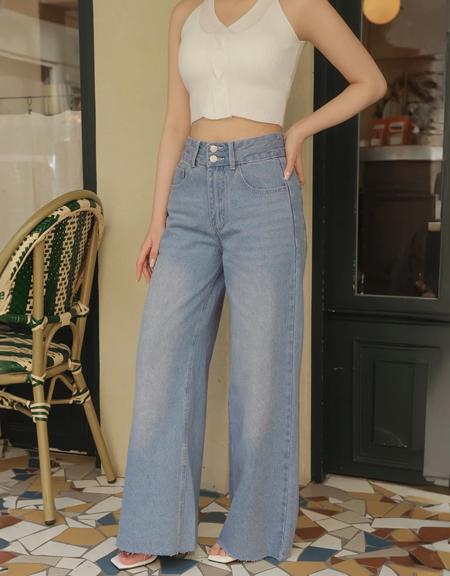 【HEYMAN聯名】高腰雙扣不收邊水洗牛仔寬褲 【HEYMAN聯名】高腰雙扣不收邊水洗牛仔寬褲