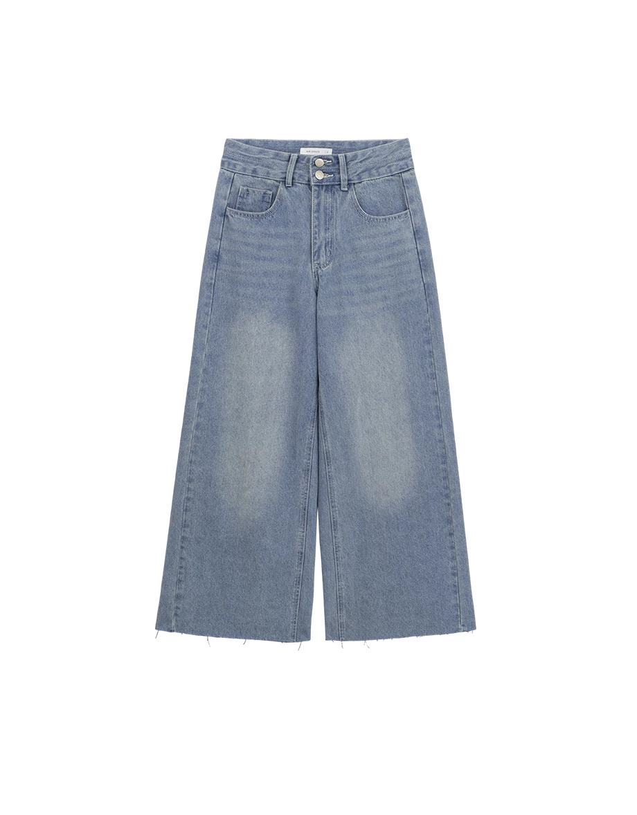 【HEYMAN聯名】高腰雙扣不收邊水洗牛仔寬褲 【HEYMAN聯名】高腰雙扣不收邊水洗牛仔寬褲