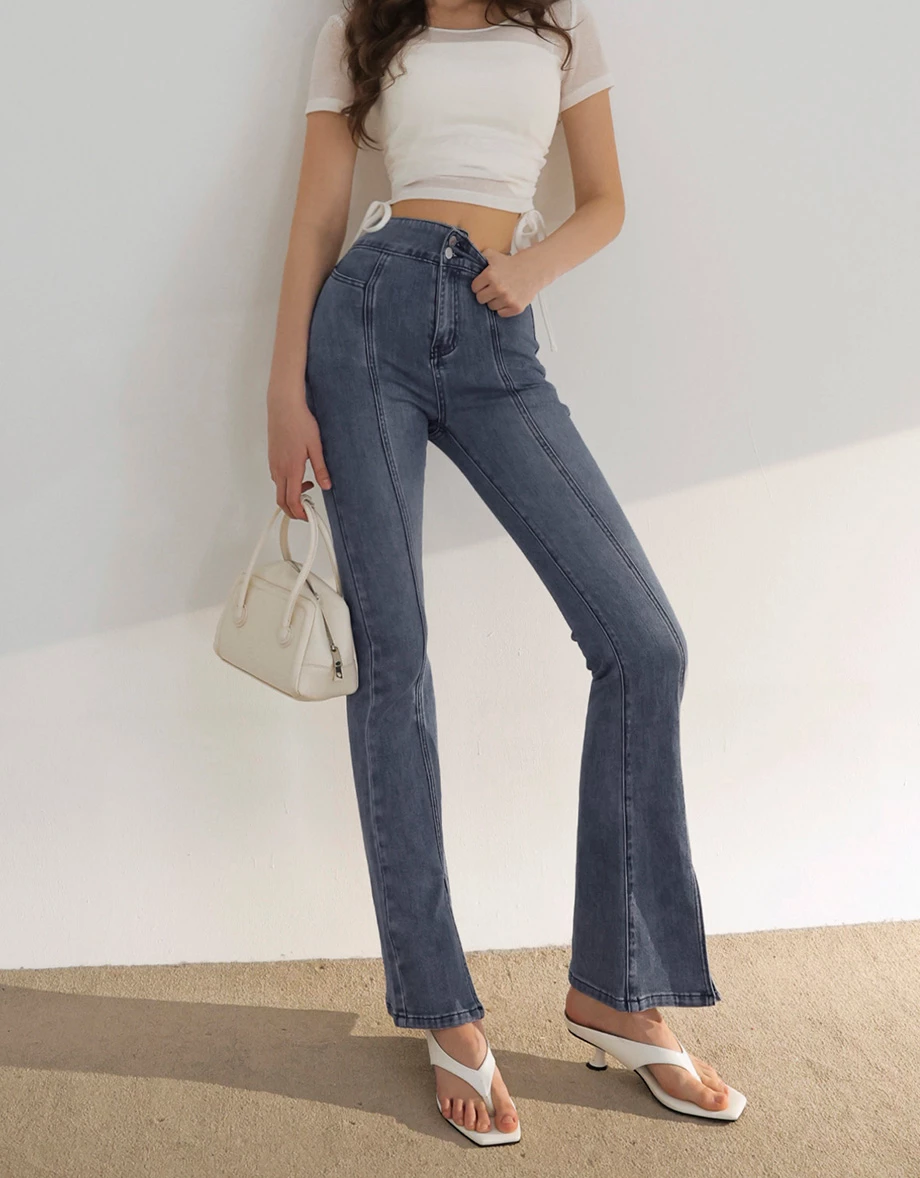 雙扣高腰修身前車線褲管開衩小喇叭牛仔褲