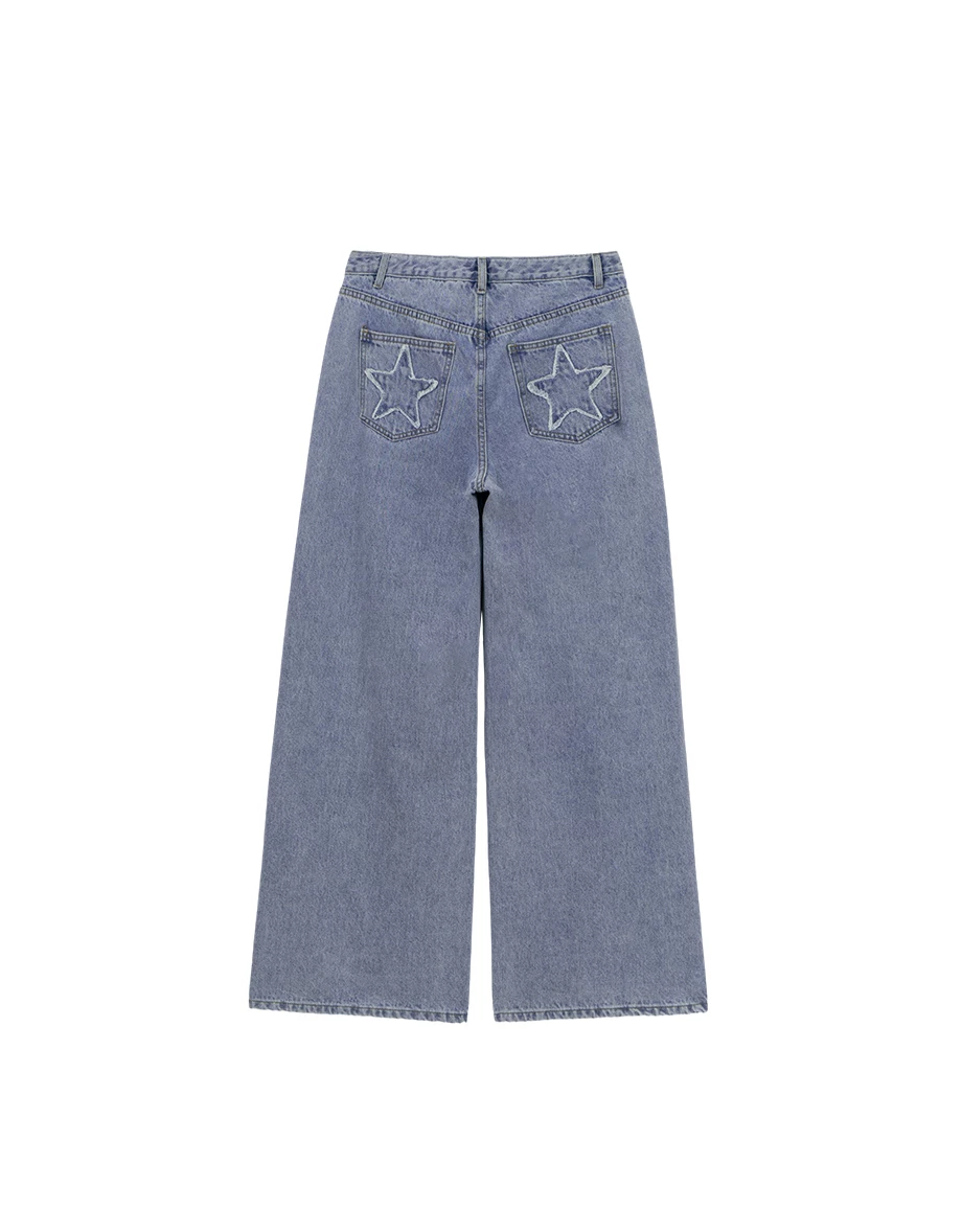 Star Patch Pocket Detail Low Rise Wide Leg Jeans Denim Pants Star Patch Pocket Detail Low Rise Wide Leg Jeans Denim Pants