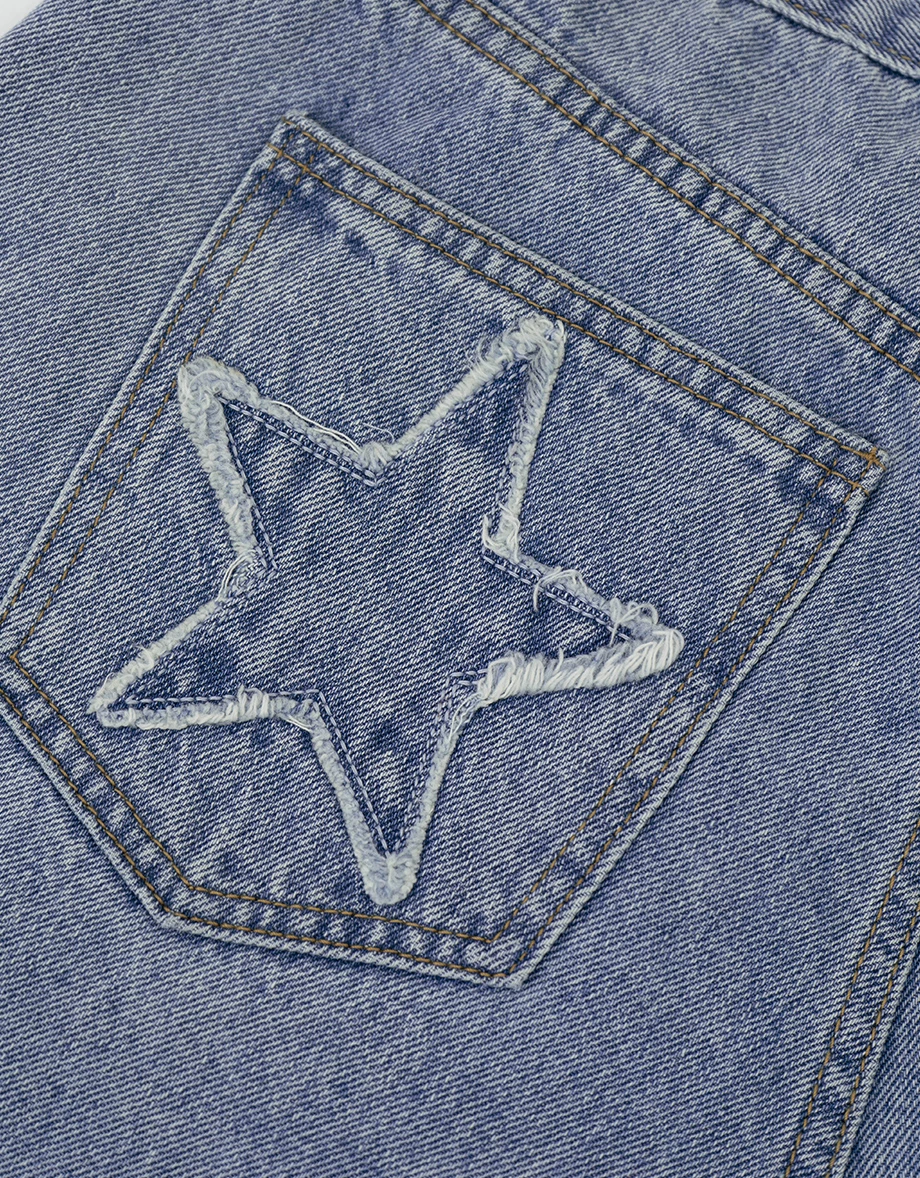 Star Patch Pocket Detail Low Rise Wide Leg Jeans Denim Pants Star Patch Pocket Detail Low Rise Wide Leg Jeans Denim Pants