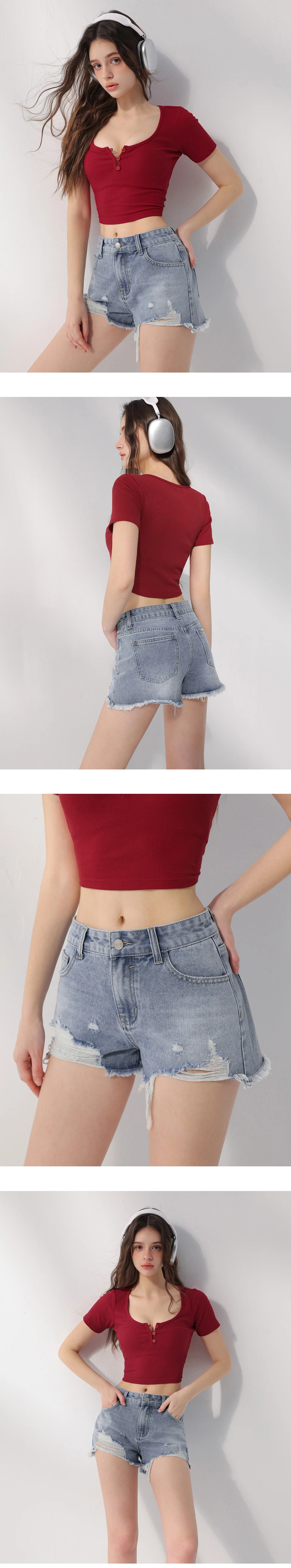 低腰刷破抽鬚水洗牛仔短褲