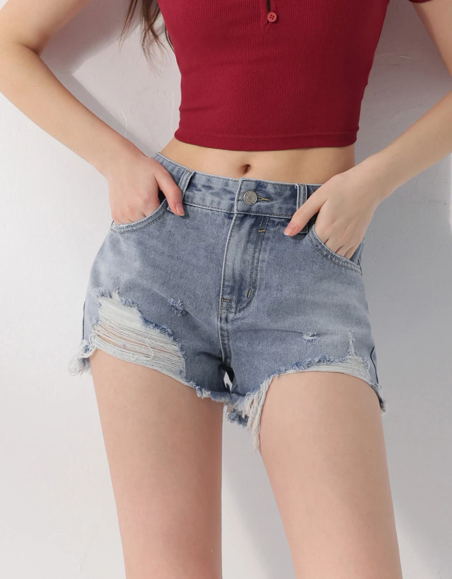 低腰刷破抽鬚水洗牛仔短褲