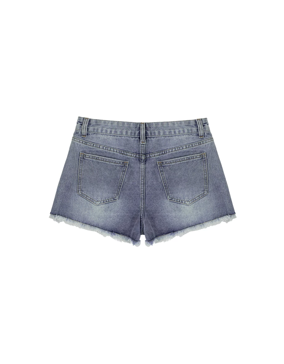 低腰刷破抽鬚水洗牛仔短褲