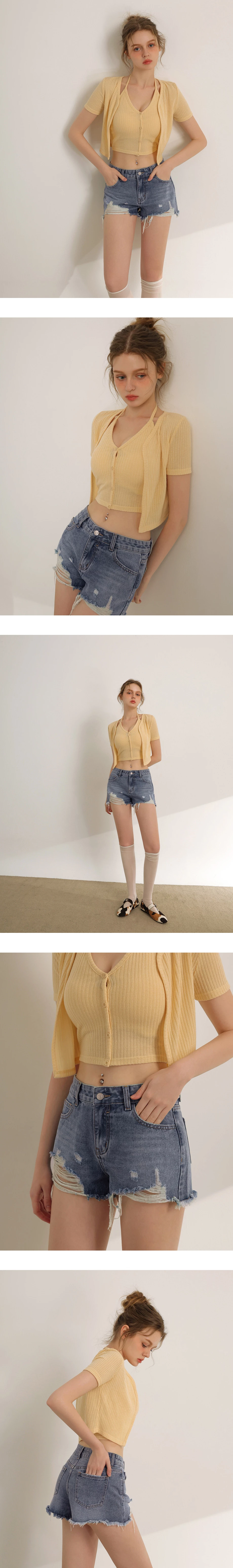 低腰刷破抽鬚水洗牛仔短褲