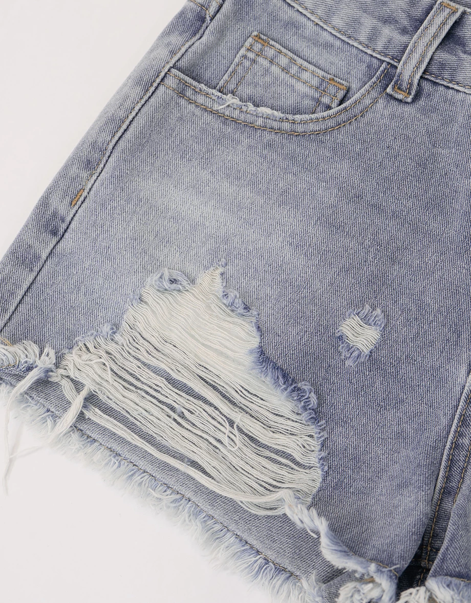 低腰刷破抽鬚水洗牛仔短褲