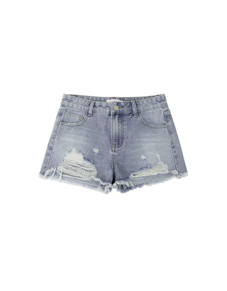 低腰刷破抽鬚水洗牛仔短褲