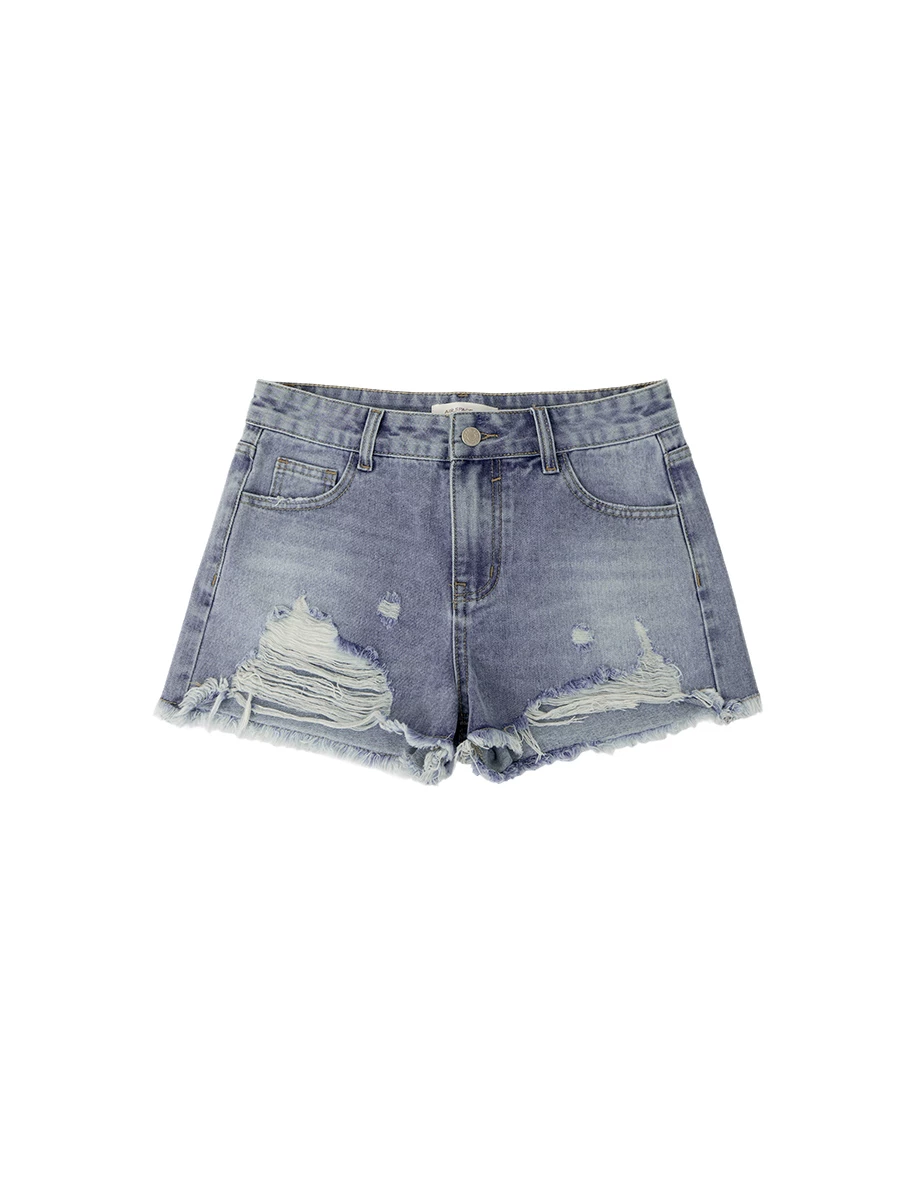 低腰刷破抽鬚水洗牛仔短褲