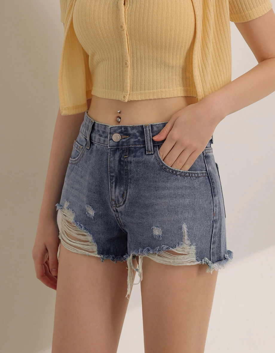 低腰刷破抽鬚水洗牛仔短褲