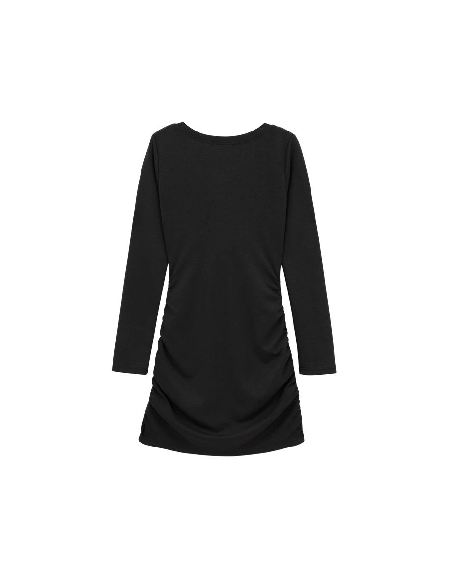 【柔霧砂洗莫代爾】圓領排扣側抓皺長袖短洋裝