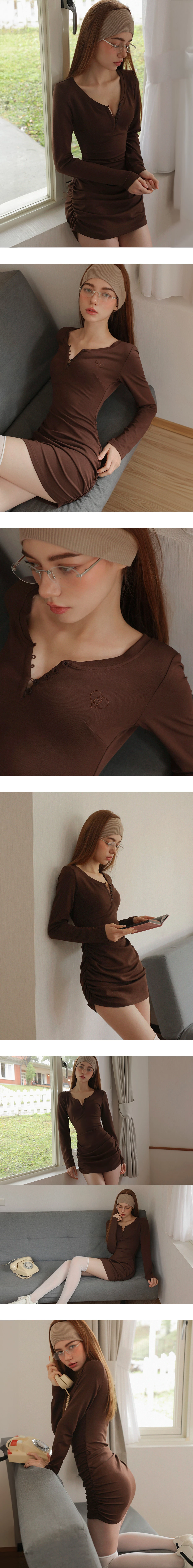 【柔霧砂洗莫代爾】圓領排扣側抓皺長袖短洋裝 【柔霧砂洗莫代爾】圓領排扣側抓皺長袖短洋裝