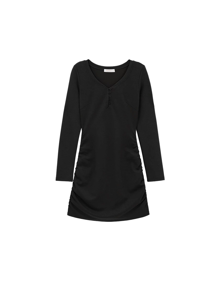 【柔霧砂洗莫代爾】圓領排扣側抓皺長袖短洋裝