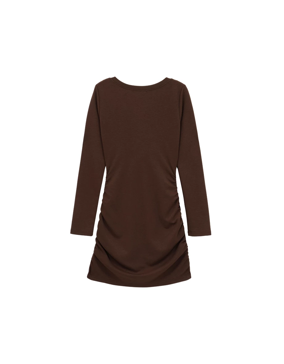 【柔霧砂洗莫代爾】圓領排扣側抓皺長袖短洋裝 【柔霧砂洗莫代爾】圓領排扣側抓皺長袖短洋裝