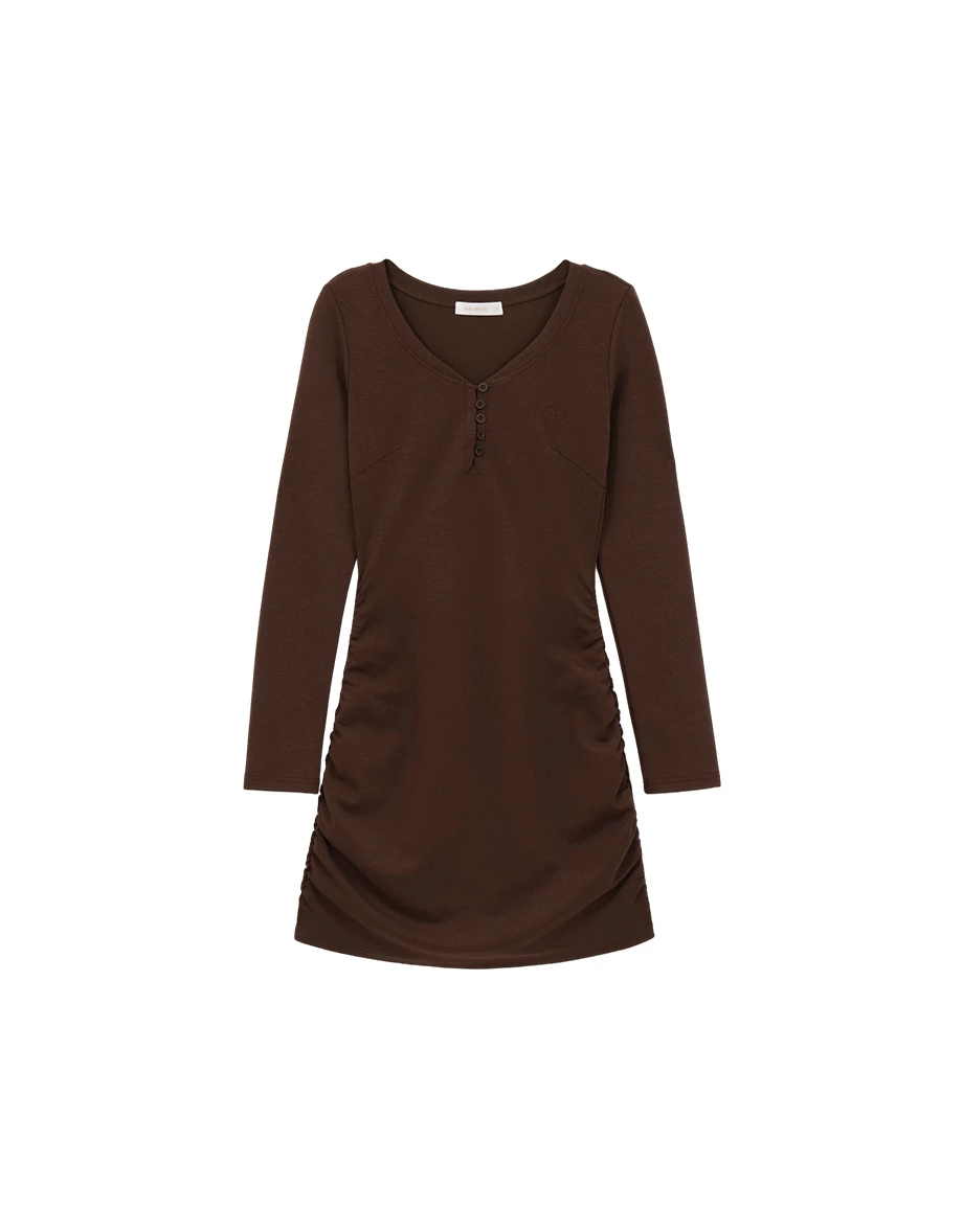 【AIRY HOURGLASS】Button Front Side Ruched Long Sleeved Bodycon Mini Dress