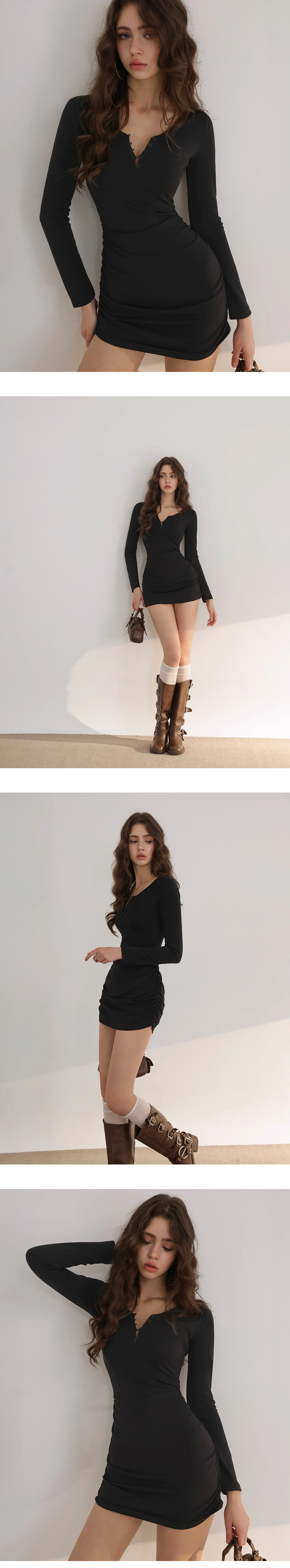 【柔霧砂洗莫代爾】圓領排扣側抓皺長袖短洋裝