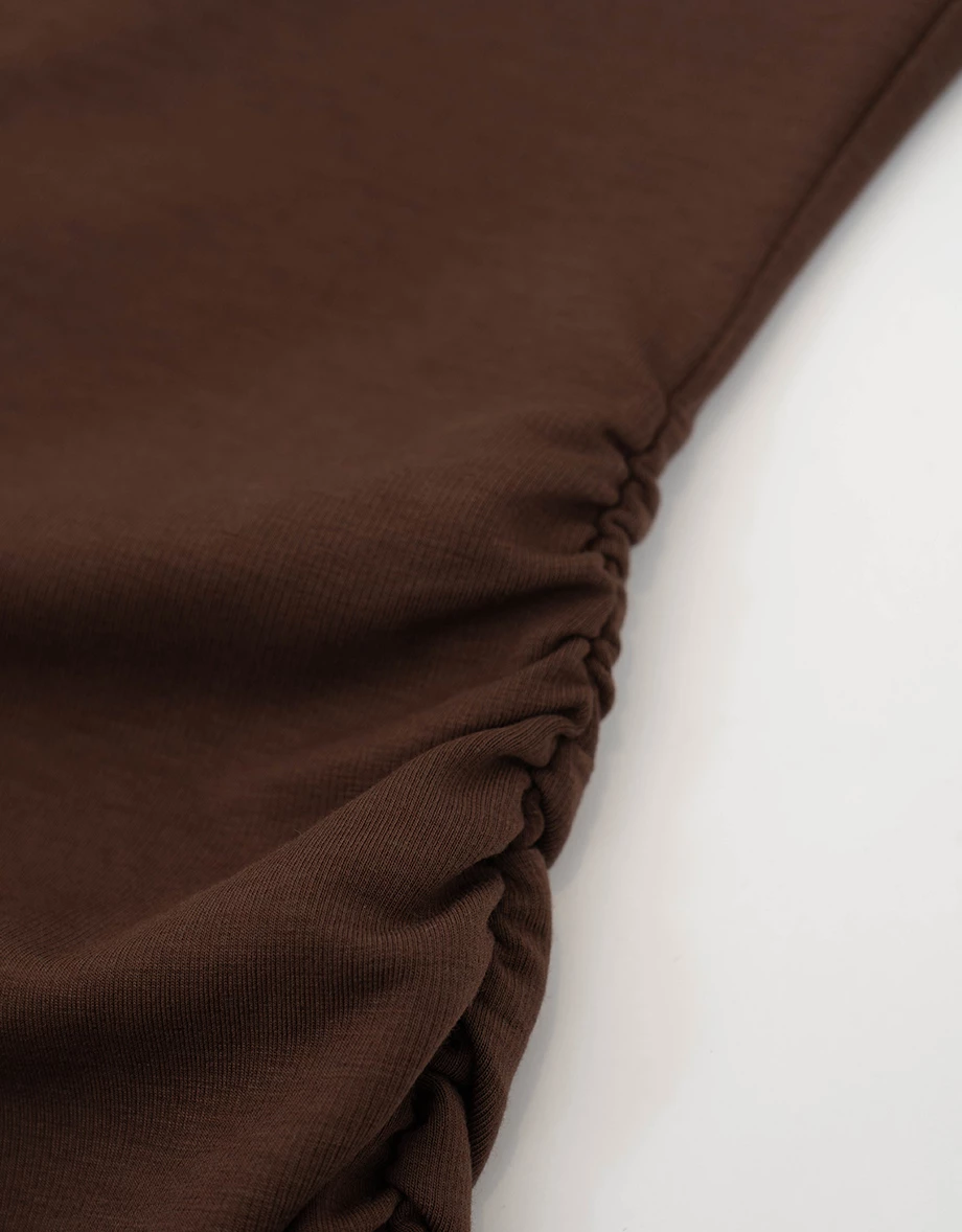 【柔霧砂洗莫代爾】圓領排扣側抓皺長袖短洋裝 【柔霧砂洗莫代爾】圓領排扣側抓皺長袖短洋裝