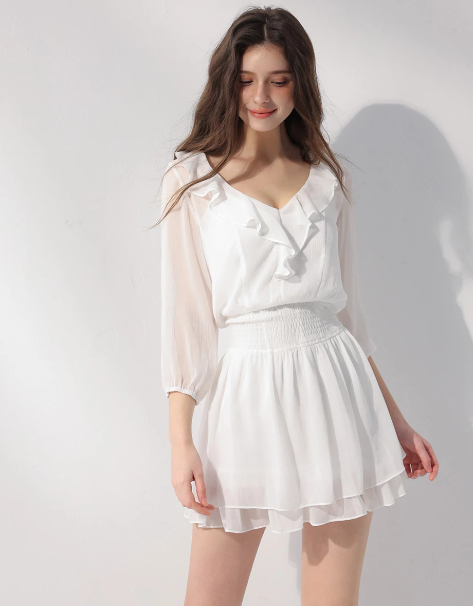 V領荷葉邊七分袖皺褶收腰雙層傘擺透膚雪紡短洋裝
